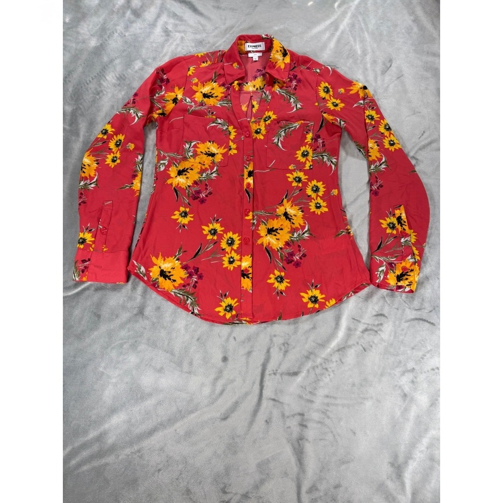 Express Portofino Slim Long Sleeve Blouse Red Floral Sunflower Size XS